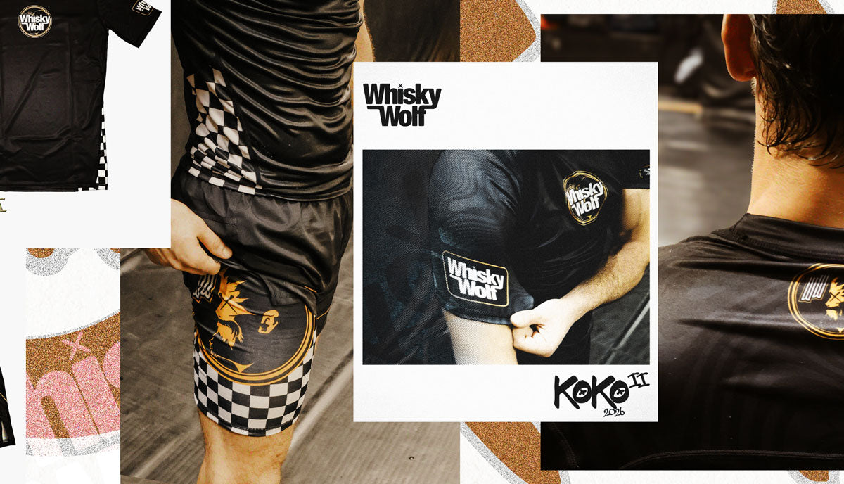 Collage of Whisky Wolf Koko range sports NoGi Grappling clothing with brand logos for Jiu Jitsu BJJ
