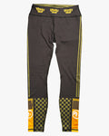 Gym / grappling leggings with yellow and black accents and 'Whisky Wolf' branding. made for jiu jitsu bjj